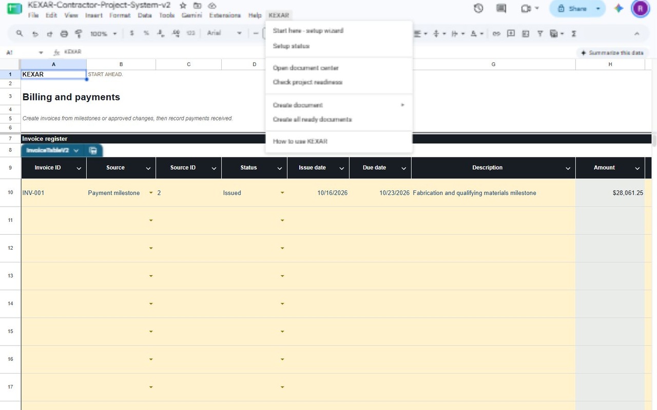 KEXAR menu open above a structured billing sheet