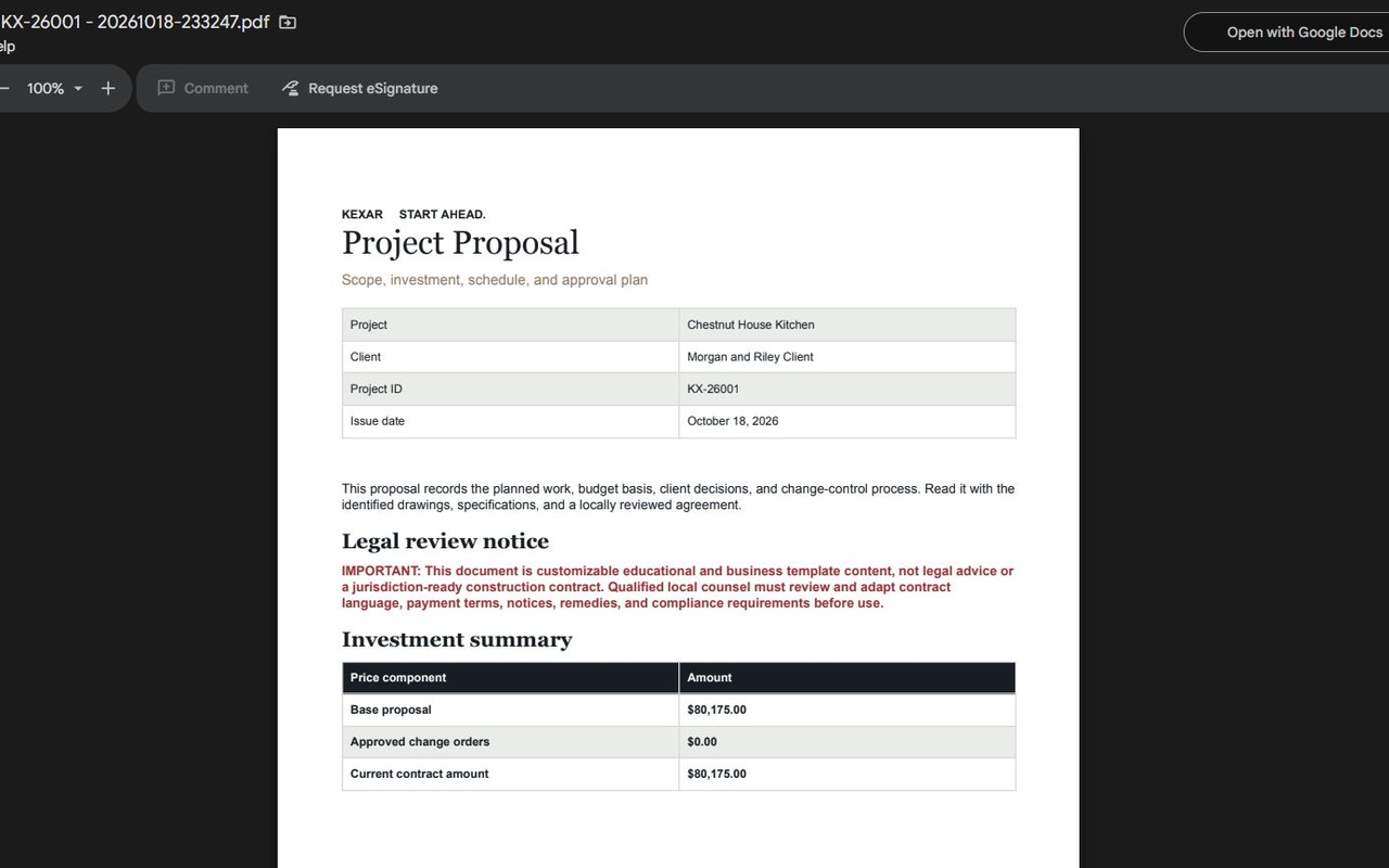 Generated KEXAR project proposal with fictional client information